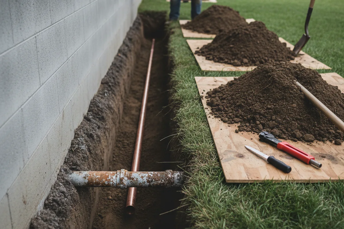 Excavated water line trench during Water Heater Repair in San Augustine